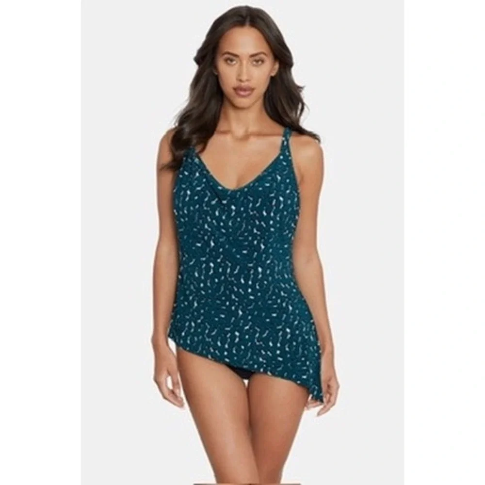 Magicsuit Teal‎ Black Dot Draped Cowl Neck Asymmetrical Tankini Swim Top Sz 10